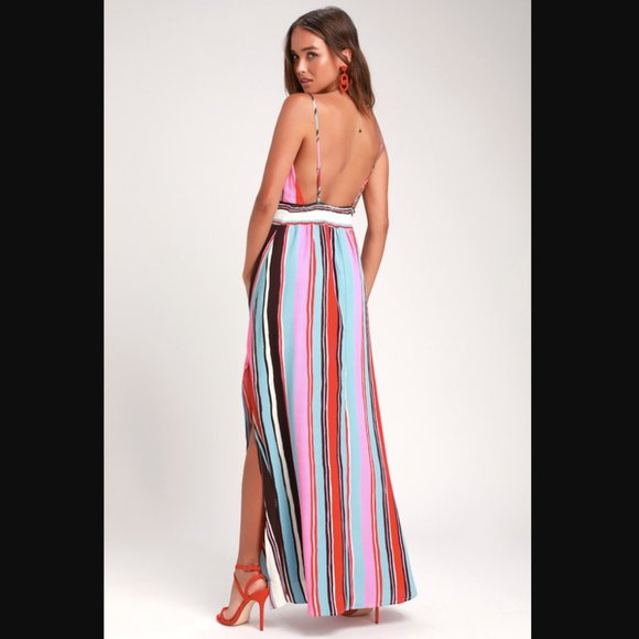 Lulus Andi Pink and Light Blue Multi Stripe Sleeveless Maxi Dress Size Small - Picture 2 of 9